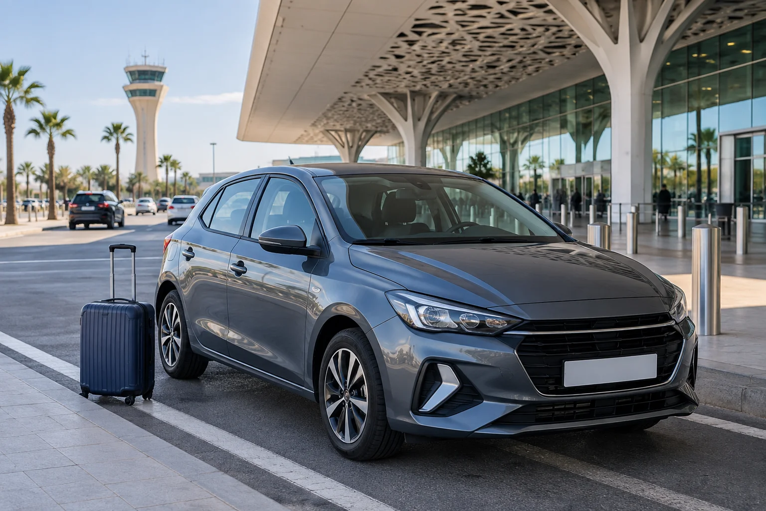 Auto a noleggio e bagagli fuori dall'Aeroporto di Rabat-Salé dopo l'arrivo a Rabat. voli per rabat