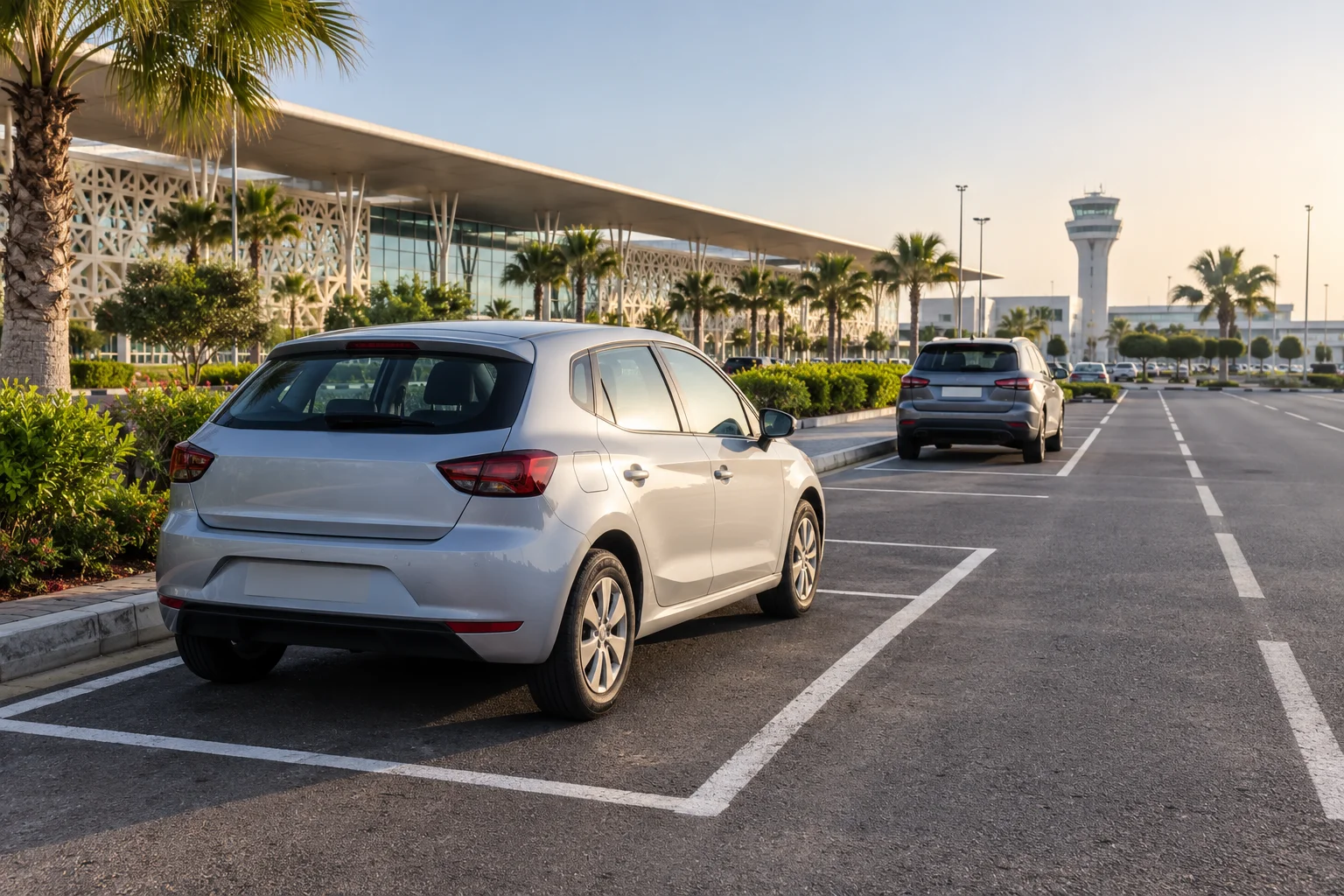 Short-stay parking spaces with cars near Rabat-Salé Airport. rabat airport parking