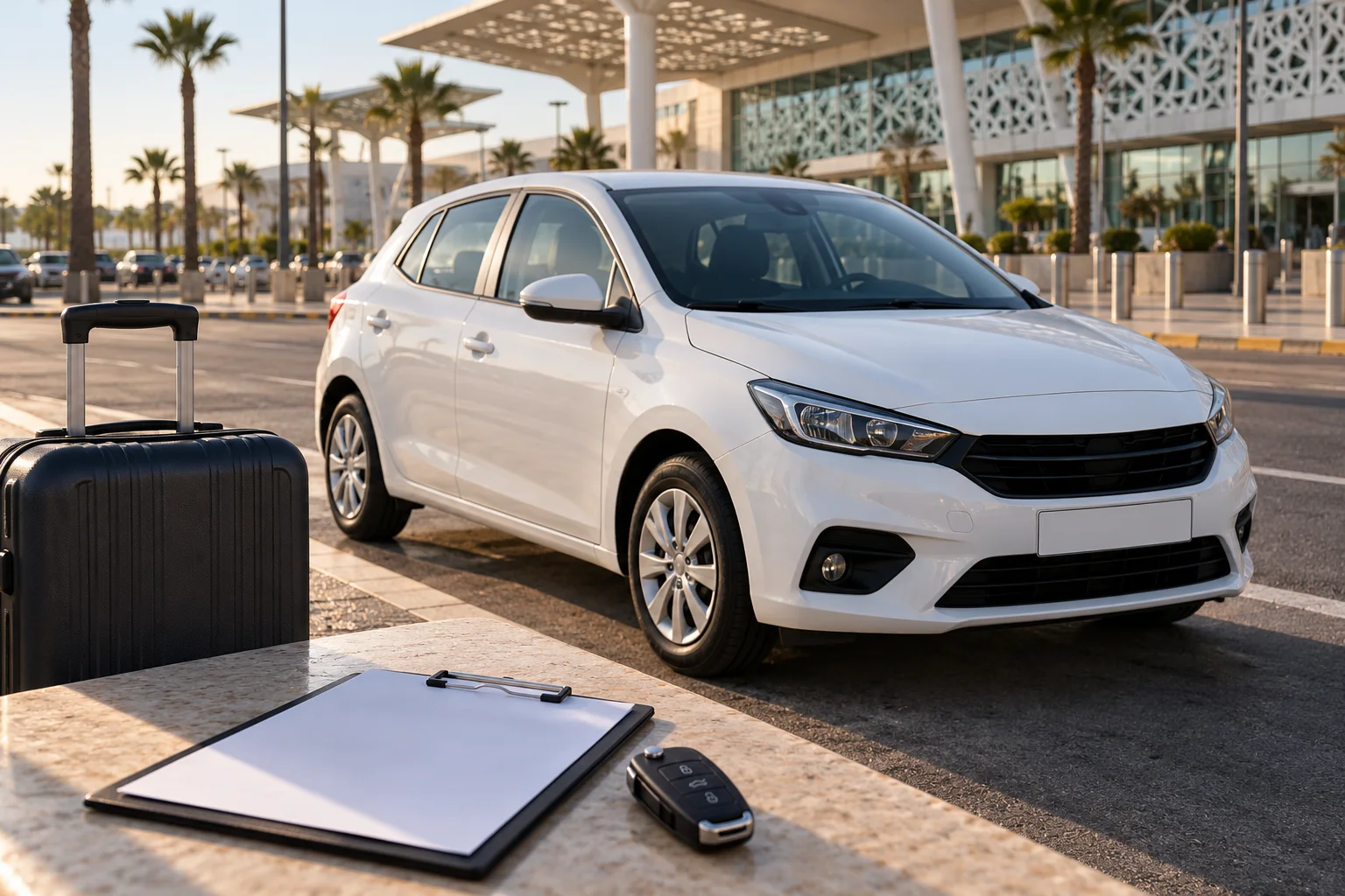 Rental car with luggage and keys prepared for pickup at Rabat-Salé Airport. rabat airport